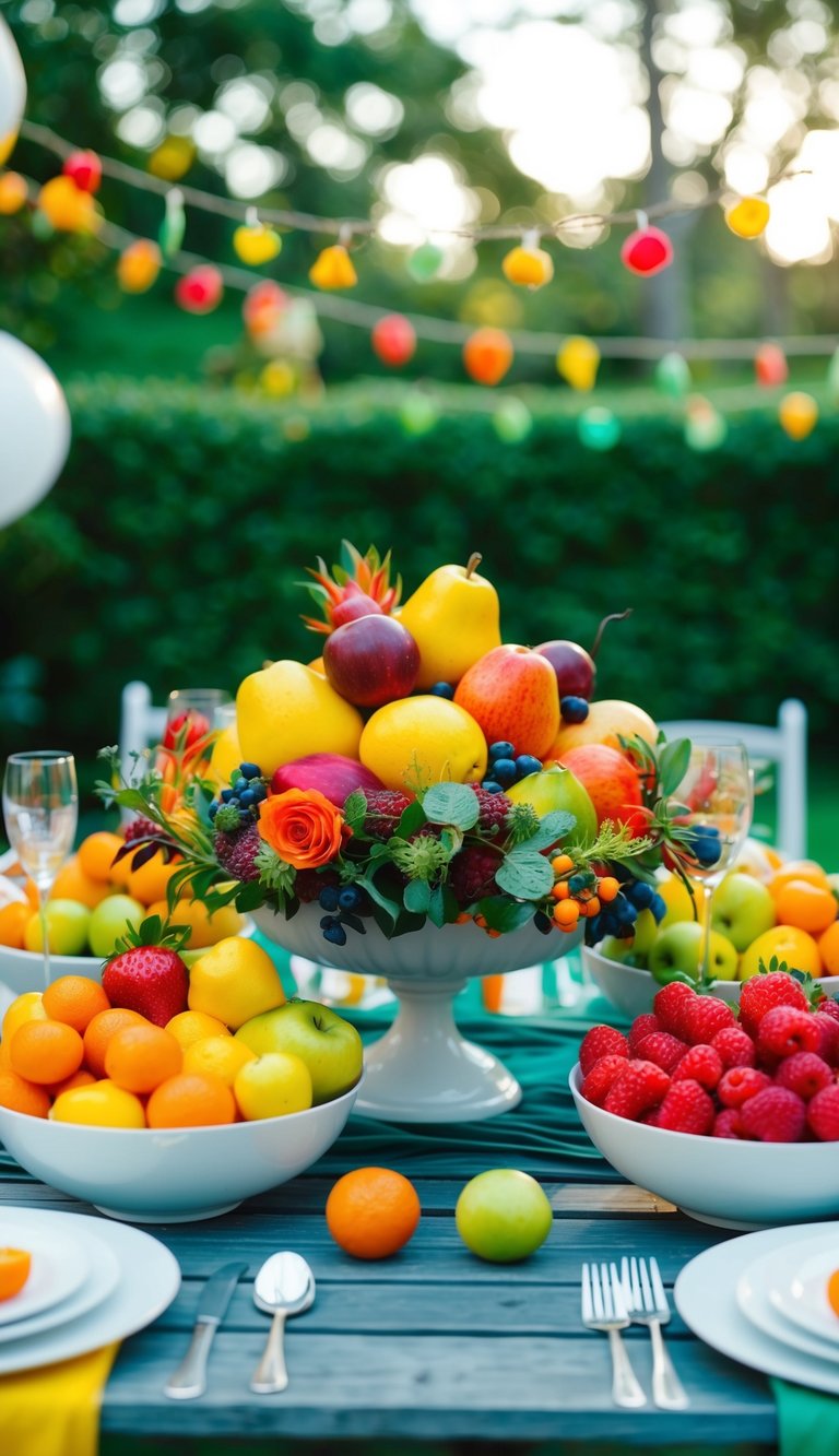 A garden table adorned with vibrant fruit bowls for a seasonal party setting